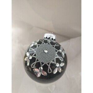 Elegant Crate & Barrel Black Silver Jeweled Glitter Glass Christmas Ornament